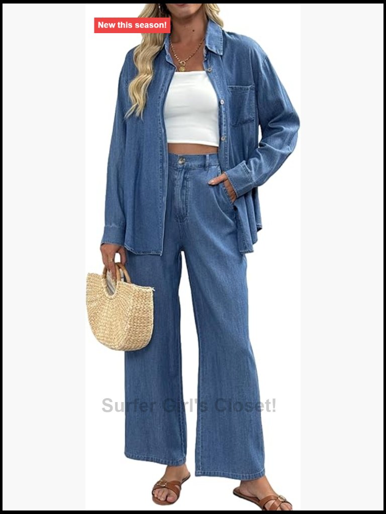 2 Piece Denim Outfits Long Sleeve Button Down Shirt Wide Leg Pants Set
